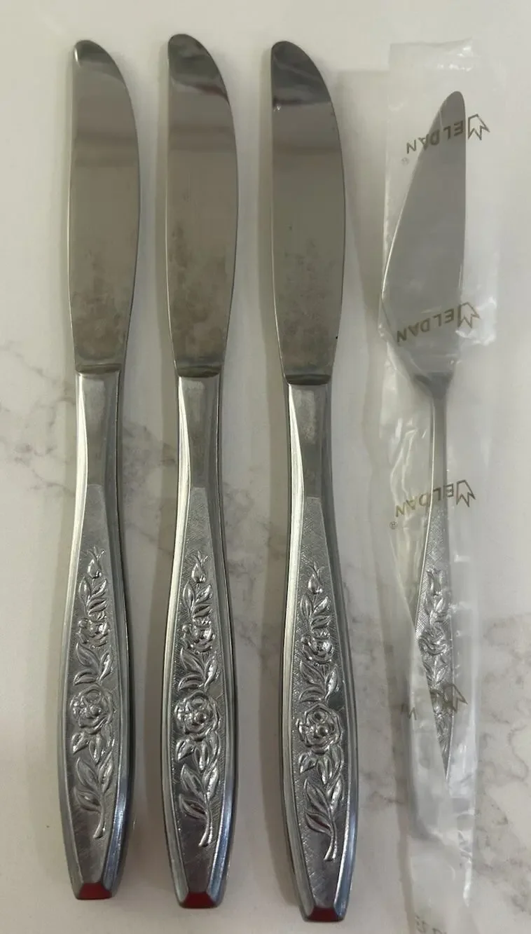 Eldan ELD18 Set 1 Butter 3 Dinner Knives MAY ROSE Textured Roses Stainless MCM